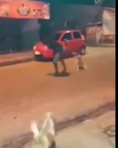 Indian man fights the street dogs like a Super Hero.