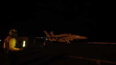 Operation Epic Fury. USN F/A-18 Super Hornets launching from the USS Abraham Lincoln (CVN 72) last night to conduct strikes on Iran. USN footage.