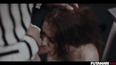 Brunette slut doing the hardwork on a big FUTA cock 