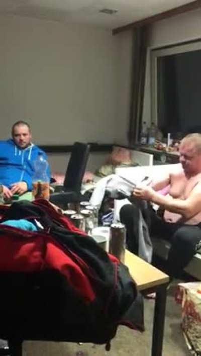 He's having trouble getting dressed.