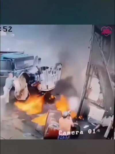 Welding a fuel tank and try to extinguish the fire with a High pressure washer