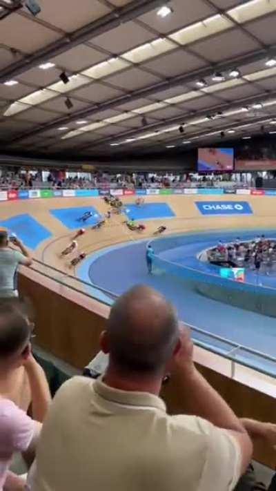 Video of the Commonwealth Games Velodrome Crash injuring crowd and competitors.