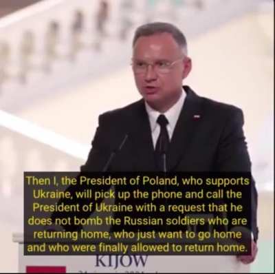 UA POV: Polish President Duda promises that if Russian troops decide to withdraw from Ukraine, he will personally call Zelensky to not bomb them as they retreat. Zelensky replies that his phone may be busy...