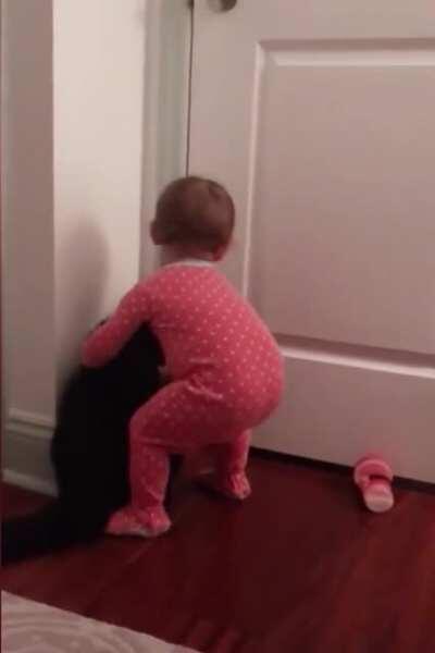 Cat is kind enough to open the door for this baby