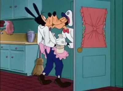 Goofy doing chores for his wife