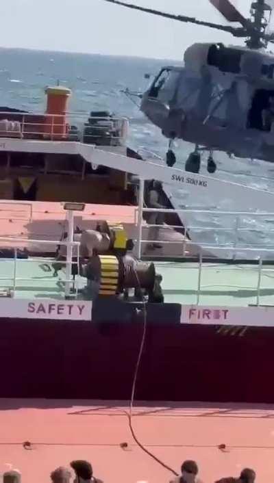 RU POV: Russian navy with helicopter Ka-29 is checing ships coming into ports of Odessa and Izmail controlled by Ukraine.