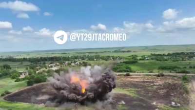 Ukrainian drone footage of a Russian AB-500 glide bomb exploding in the wasteland right in front of the UAV on a mission to check the surrounding area.