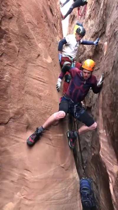 The scariest silo crossing in Sandthrax Canyon, assuming that you aren't crazy enough to try stemming over the crux!