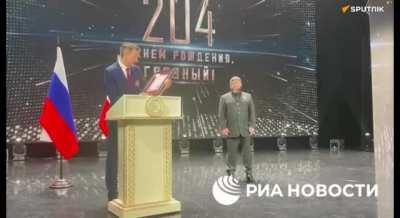 Leader of Chechenya Ramzan Kadyrov recieving an award for most sanctioned man in the world