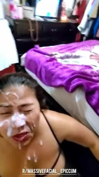 Chubby Asian Mom Gets A Thick Cum Facial from her Step Son
