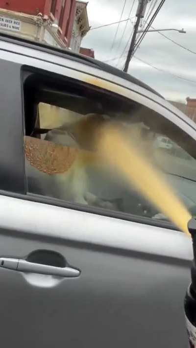 Lady goes into a road rage fit, uses spray on another driver.