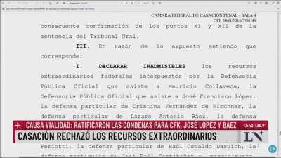 Causa Vialidad: Ratificaron las condenas para CFK, Jose Lopez y Baez. Casación rechazó los recursos extraordinarios.