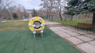 There is nothing more horrifying than seeing this in a playpark. Russia's war in Ukraine is genocidal. Their murderous hate of Ukraine is targeting the innocent
