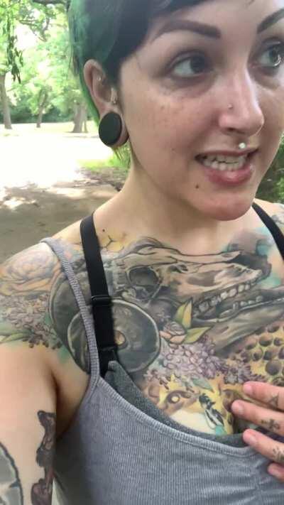 Flashing my little bush and my tit, do you think the joggers noticed? [gif]