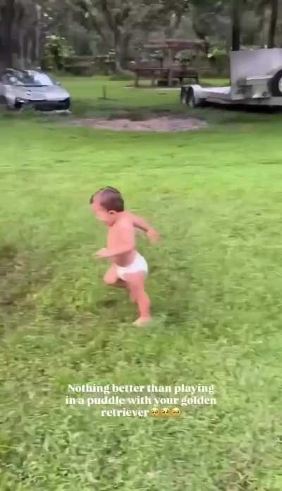 Contagious laughter: A dog and a kid play in a puddle -  laughter starts right away