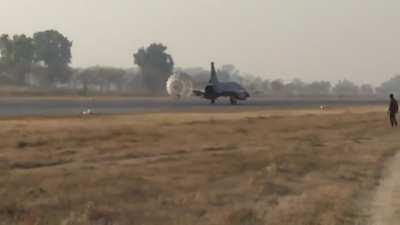 JF-17s of the No.33 Tactical Wing (Tail Choppers) landing at PAF Base Minhas with drogue chutes