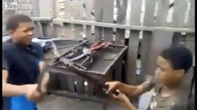 it’s safe to say that this pipe sword fight has no mercy.