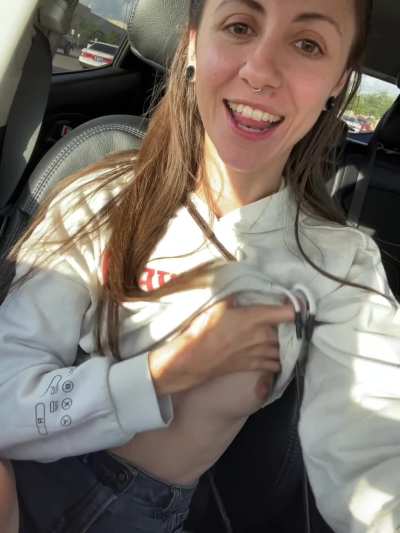 flashing my tiny tits in the car:)