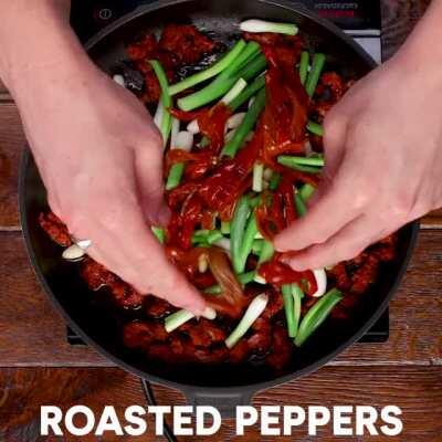 Chorizo and Charred Spring Onion Rigatoni