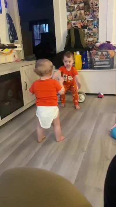 Little sister is learning to walk