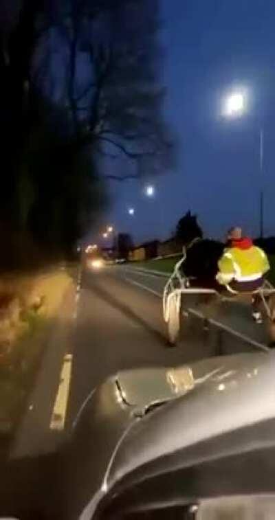 Traveller on a sulky gets pulled into an oncoming car by the horse