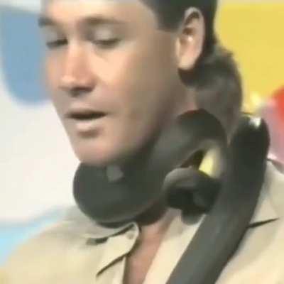Steve Irwin doesn't flinch when a snake bites him