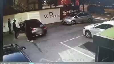 Right after purchasing a brand new Benz, she rams into her own salesman.