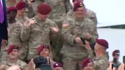 US Military men doing the Trump dance during Trump's visit at Fort Bragg