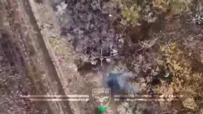 A Russian Bukhanka van dismounts troops who are immediately hit by Ukrainian drone dropped munitions (Unknown date)