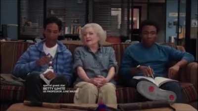Betty White, Donald Glover, and Danny Pudi rapping