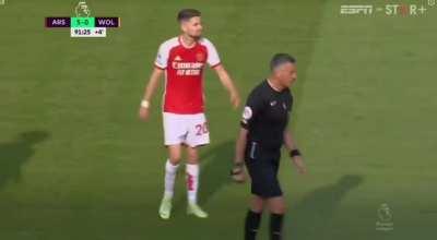 Referee helps Jorginho up, only for Neves to shoot him down again.