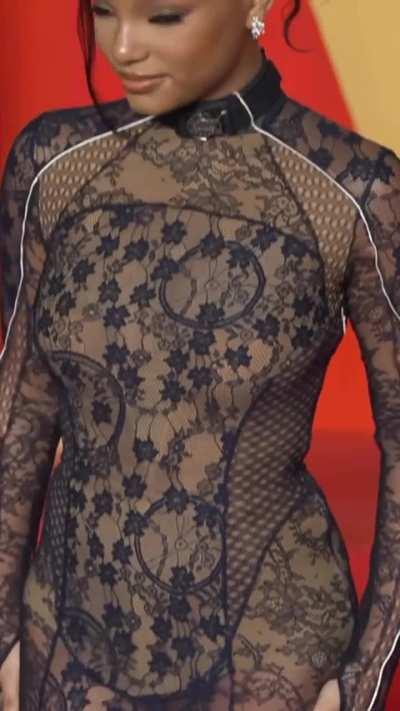 Halle embracing the mesh dress at the Vanity Fair Oscars party | 2024