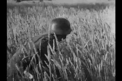 Staged propaganda sequence showing a T-34/76 stalked and destroyed by an infantryman with a Panzerfaust