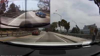 This guy threw a 10 pound metal rod at my mom and sister on the freeway. It went through the windshield and luckily went past them through the space between two front seats and damaged the back seat. Careful out there.