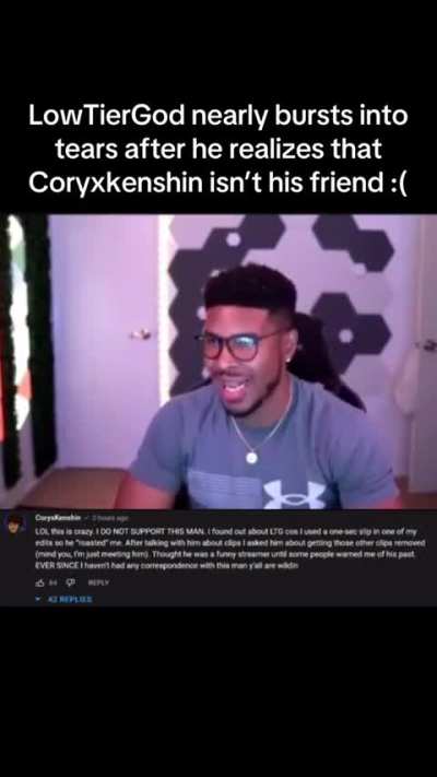 Lowtiergod bursts into tears after realizing coryxkenshin isn't his friend.