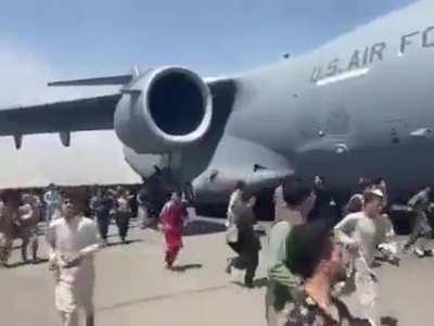People Trying to Get Onboard C-17, Kabul Airport