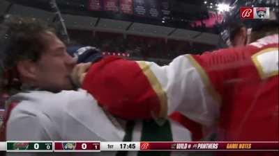 Lockwood collides with Fluery behind the net, gets jump by 3 wild players. Lockwood got 2 for Interference and 2 for roughing. Wild got 2 roughing 