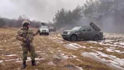 Improvised MRL battery in Ukrainian service, firing S-5 57mm rockets