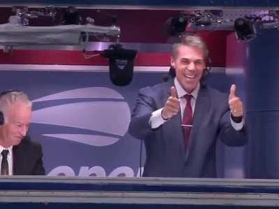 Rafael Nadal shows off his accuracy, hits it right into the broadcast booth