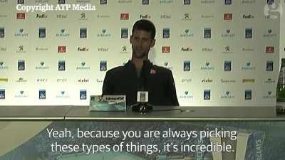 Djokovic back in 2016 defending himself and making fun of a journalist that questioned the way he constantly hits the ball in frustration. [theguardian.com]