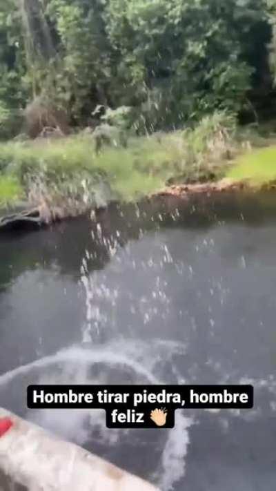 Translation: Man throw rock, man happy