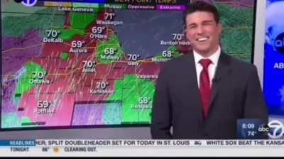 Weatherman discovers his monitor has a touch screen. immediately turns into a kid