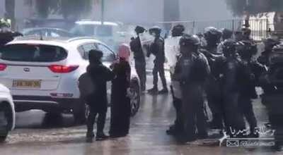 Zionist terrorists push a lady down to the ground during a protest in Em Al Fahem earlier yesterday, this is almost a daily habit for them by now