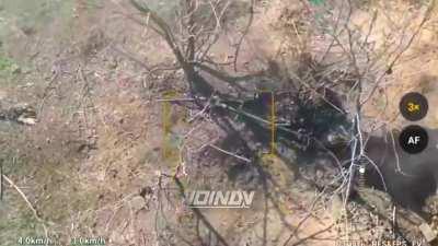 RU POV: Drone targets a M2 browning machine gun. First hit causes a detonation