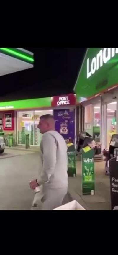 Yob gets mouthy then runs in Londis. Pure British culture.