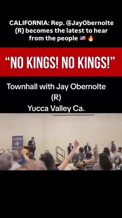 At a townhall meeting, in Yucca Valley, CA, Rep. Jay Obernolte faces a packed and agitated crowd chanting 