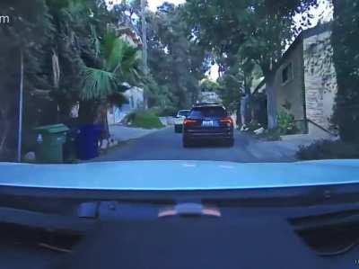 My first post, thanks Q3 idiot! I presume he was in a real hurry to pee. PS - this is a narrow, potholed, two-way canyon road. (Los Angeles)