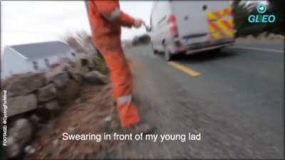 Van driver in rural Ireland tries to swerve into and overtake cyclist. Leads to road rage argument. Both men are in a Gaeltacht region of Ireland where Gaeilge/Irish is still spoken as the dominant language.