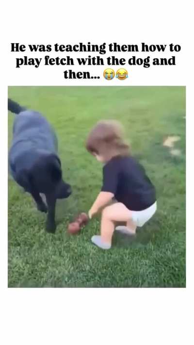 Teaching his son to play fetch with the dog