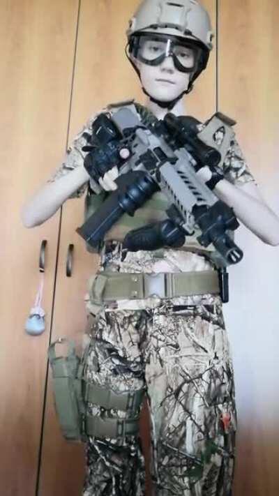 First full loadout bought entirely by a lanky thirteen year old (me). The 1911 is a WE and is going to be replaced at the end of the month with a WE glock. (ft my goofy smile)